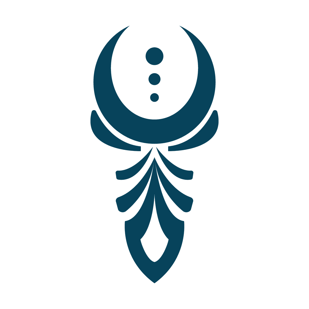 isolated stylized blue stacked crescent moon top element with three dots and flourish base