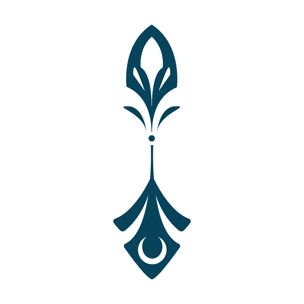isolated stylized blue vertical stacked element with crescent base and ornamental accents
