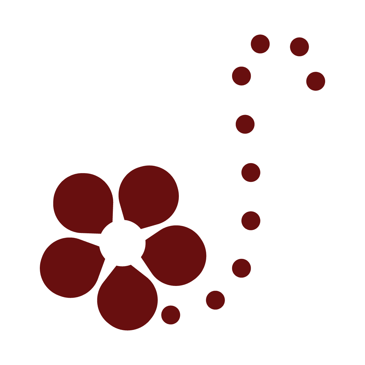 maroon abstract floral element with five petals and dotted trail