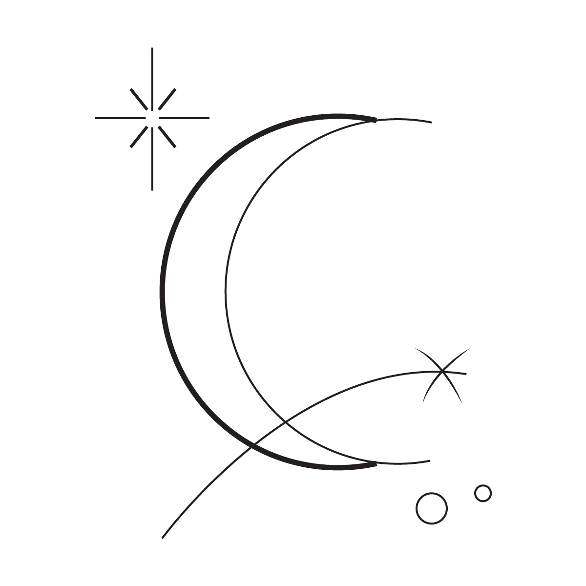 dreamy minimal line art crescent moon and stars illustration