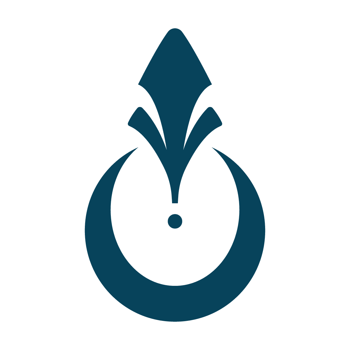 isolated stylized blue crescent moon element with pointed tip and central dot for embellishment