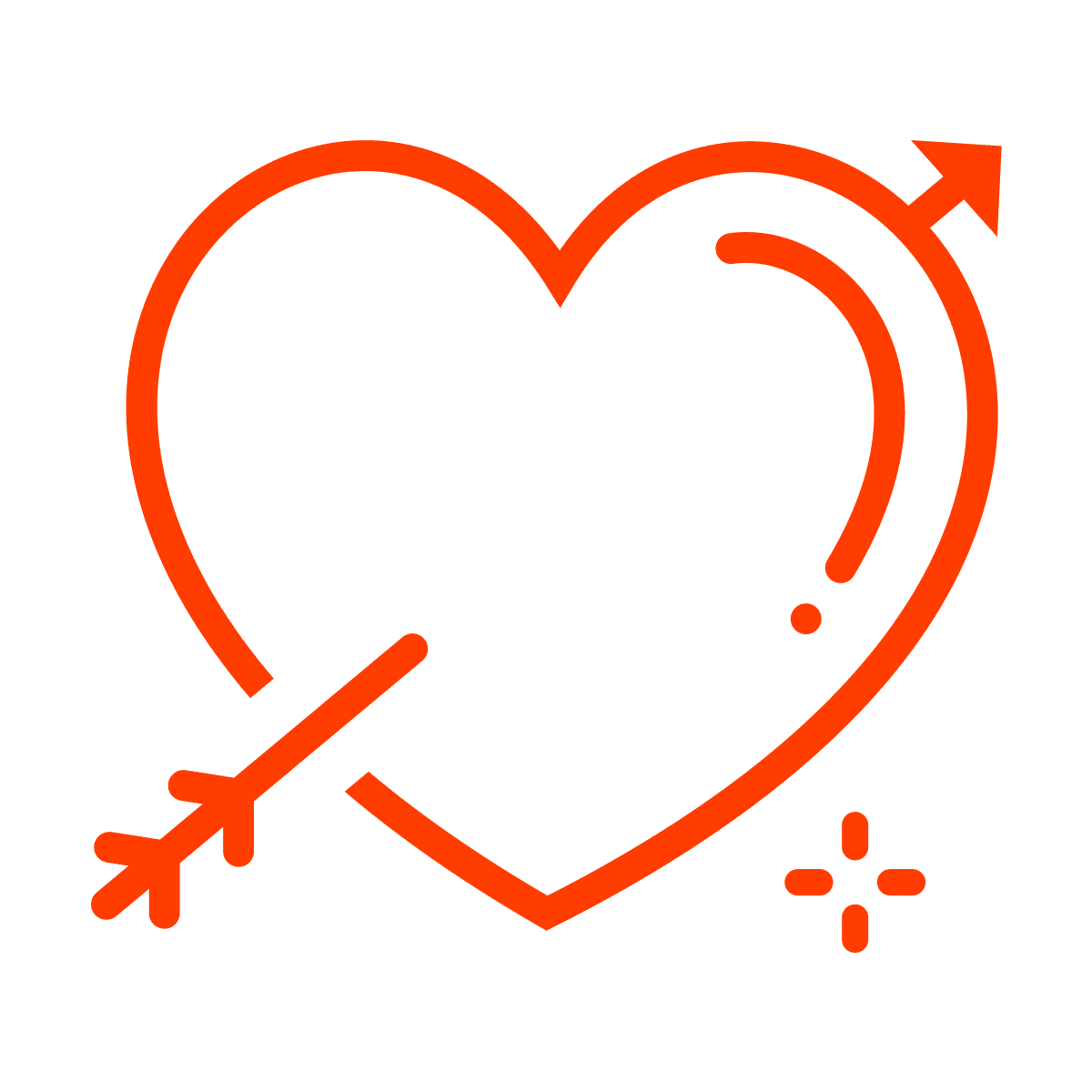stylized orange heart pierced by an arrow icon with sparkle elements