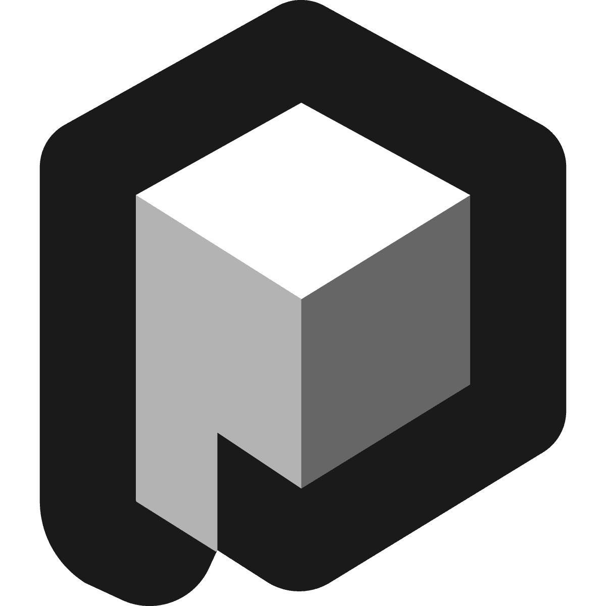 abstract isometric logo of a monochrome cube shape inside a rounded hexagon