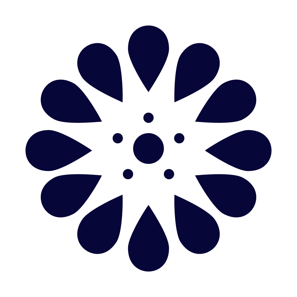 stylized circular floral logo with twelve teardrop-shaped petals