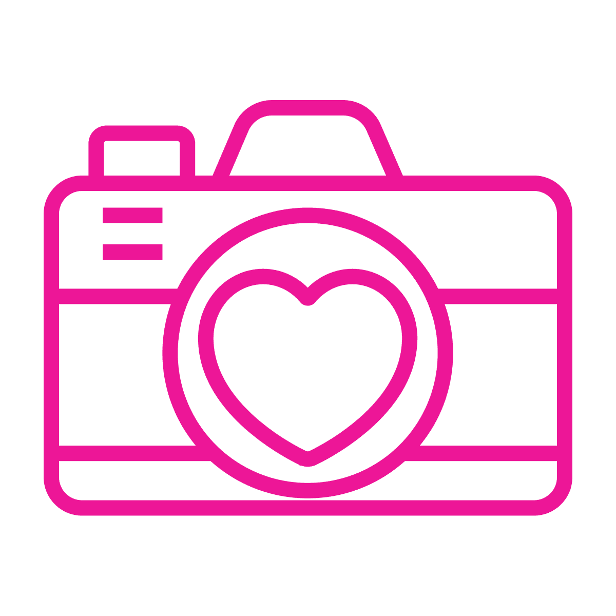 flat line icon of a pink camera with a heart symbol for love photography apps