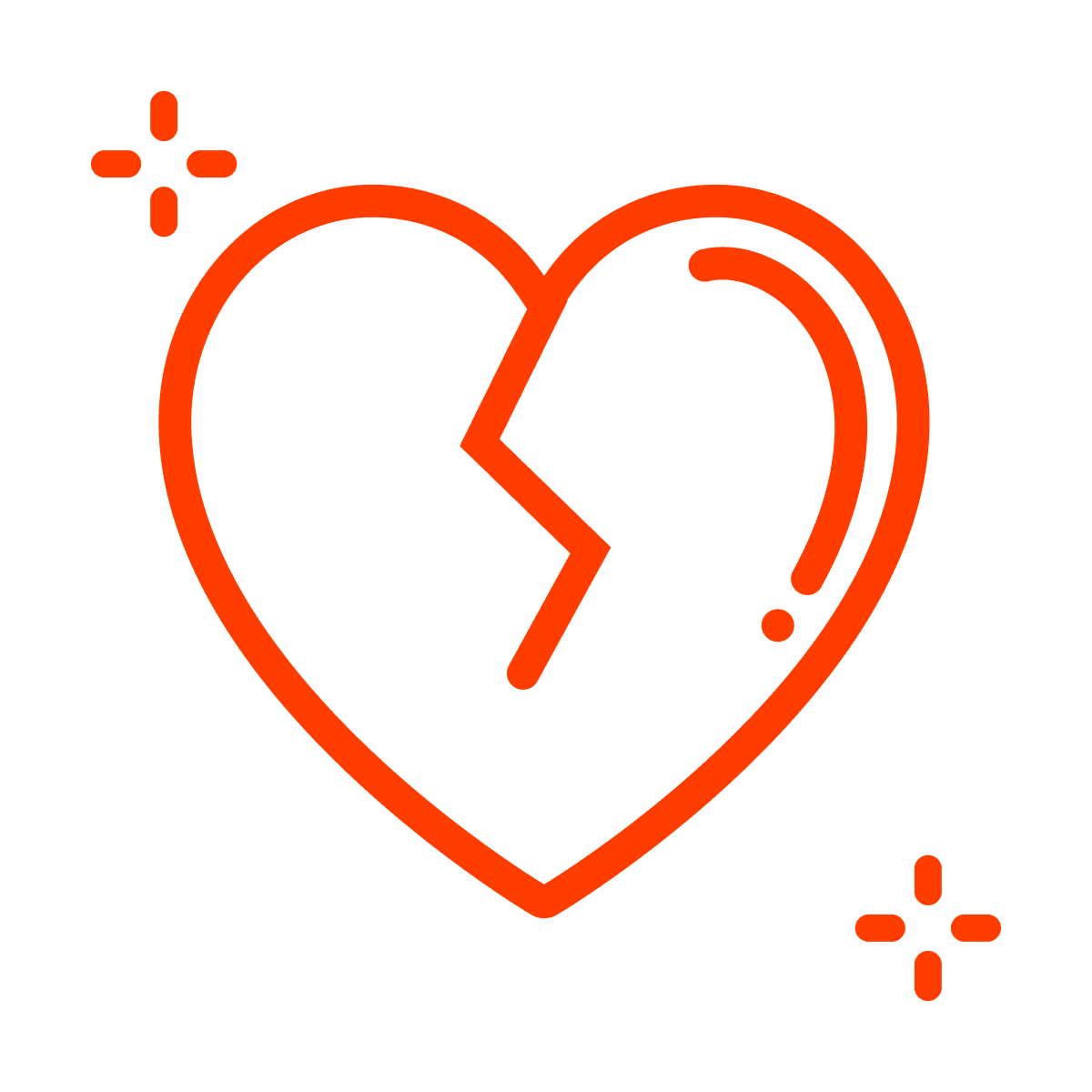 stylized orange broken heart outline icon with sparkle elements