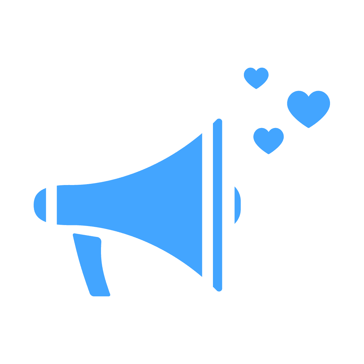 minimal blue megaphone with hearts icon for social media engagement