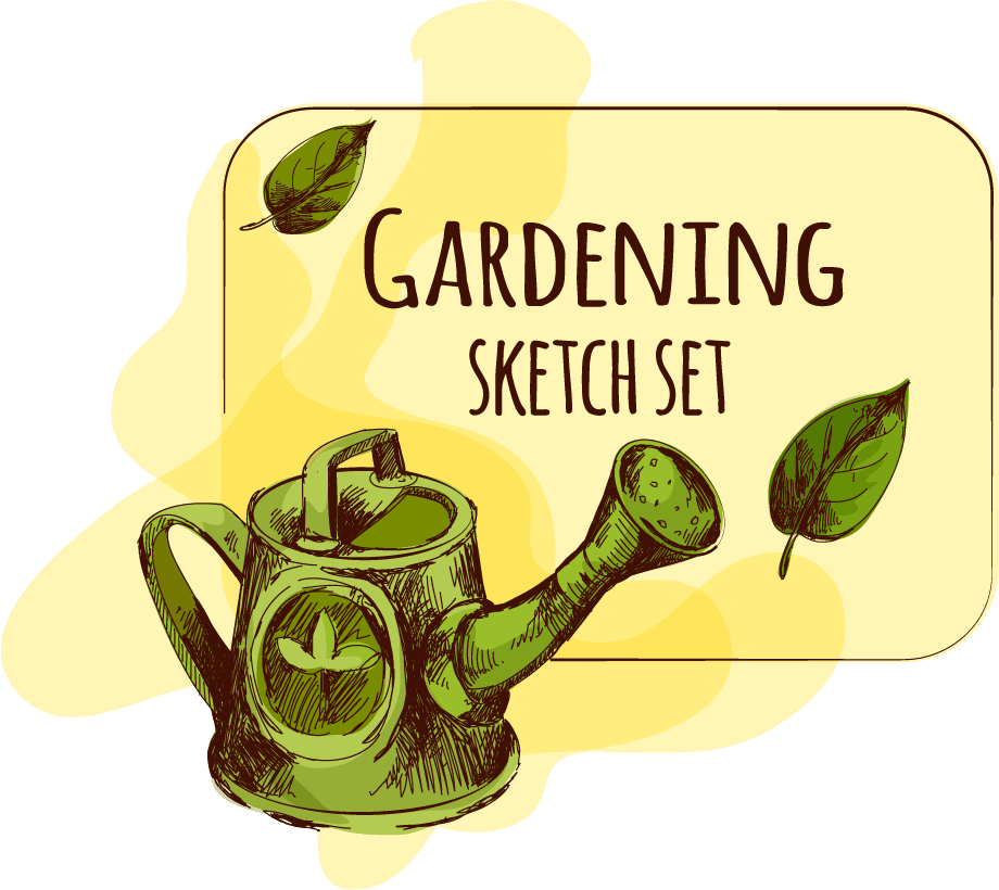 illustrated gardening tools set with spray bottle, watering can, and plant box for home gardening