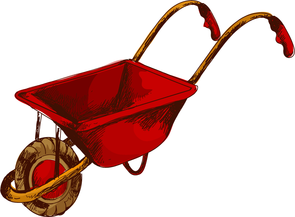 colorful gardening essentials featuring potted fruit tree and red wheelbarrow for outdoor plant care