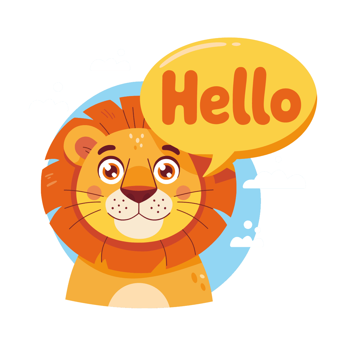 cute cheerful lion character saying "hello" for kid-friendly designs