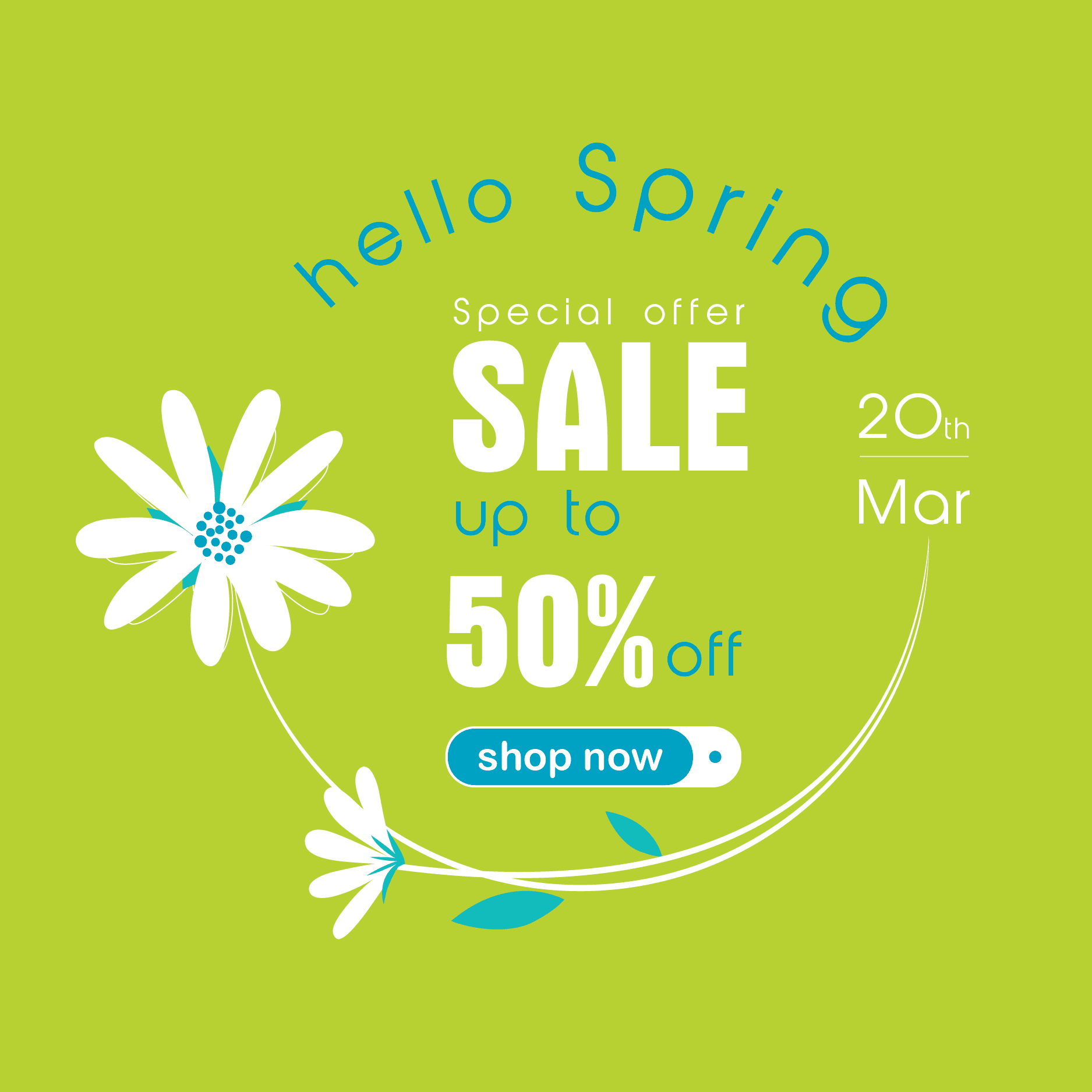 minimalist flat spring sale template with white flowers offering special fifty percent discount