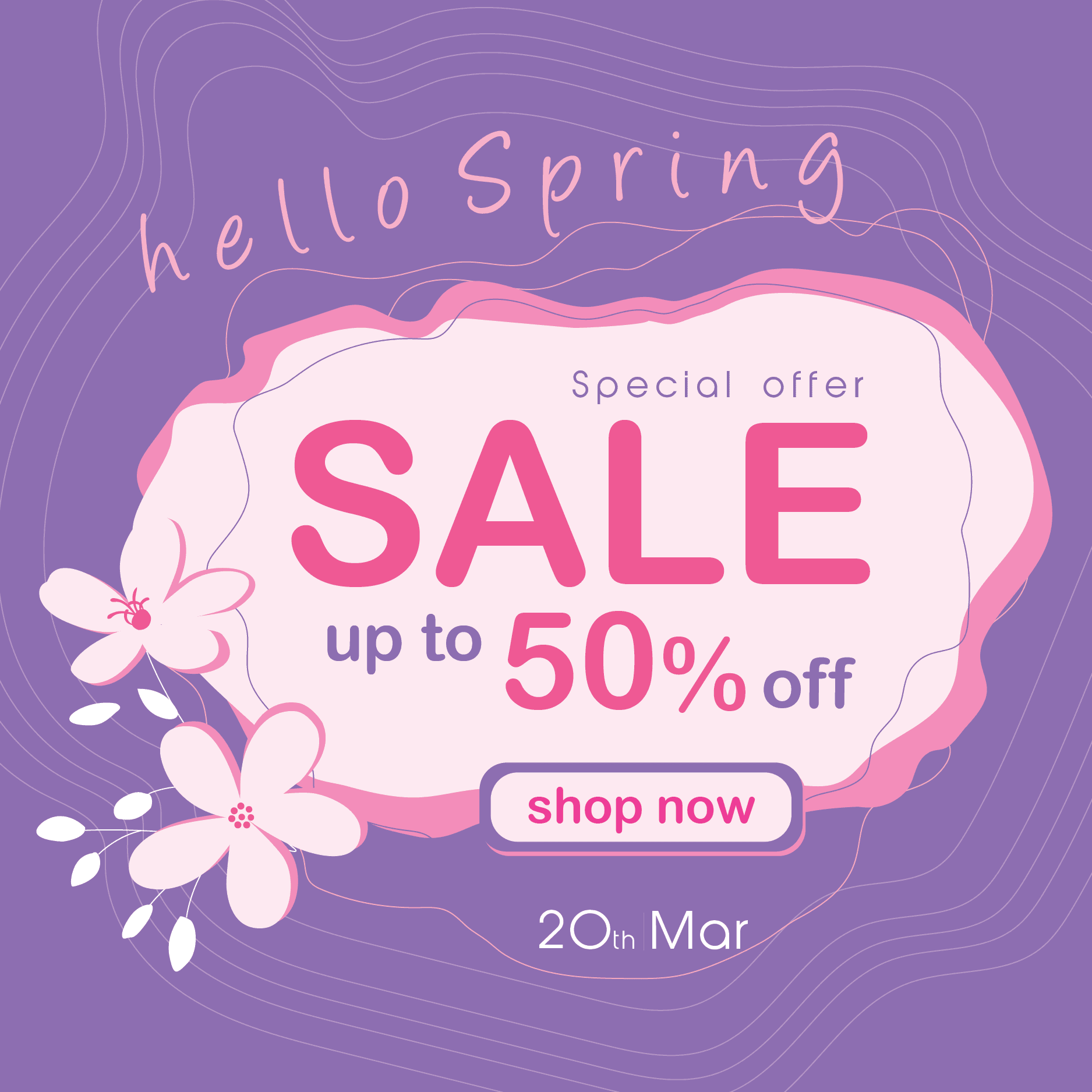 stylized spring sale template with flowers and fifty percent off offer