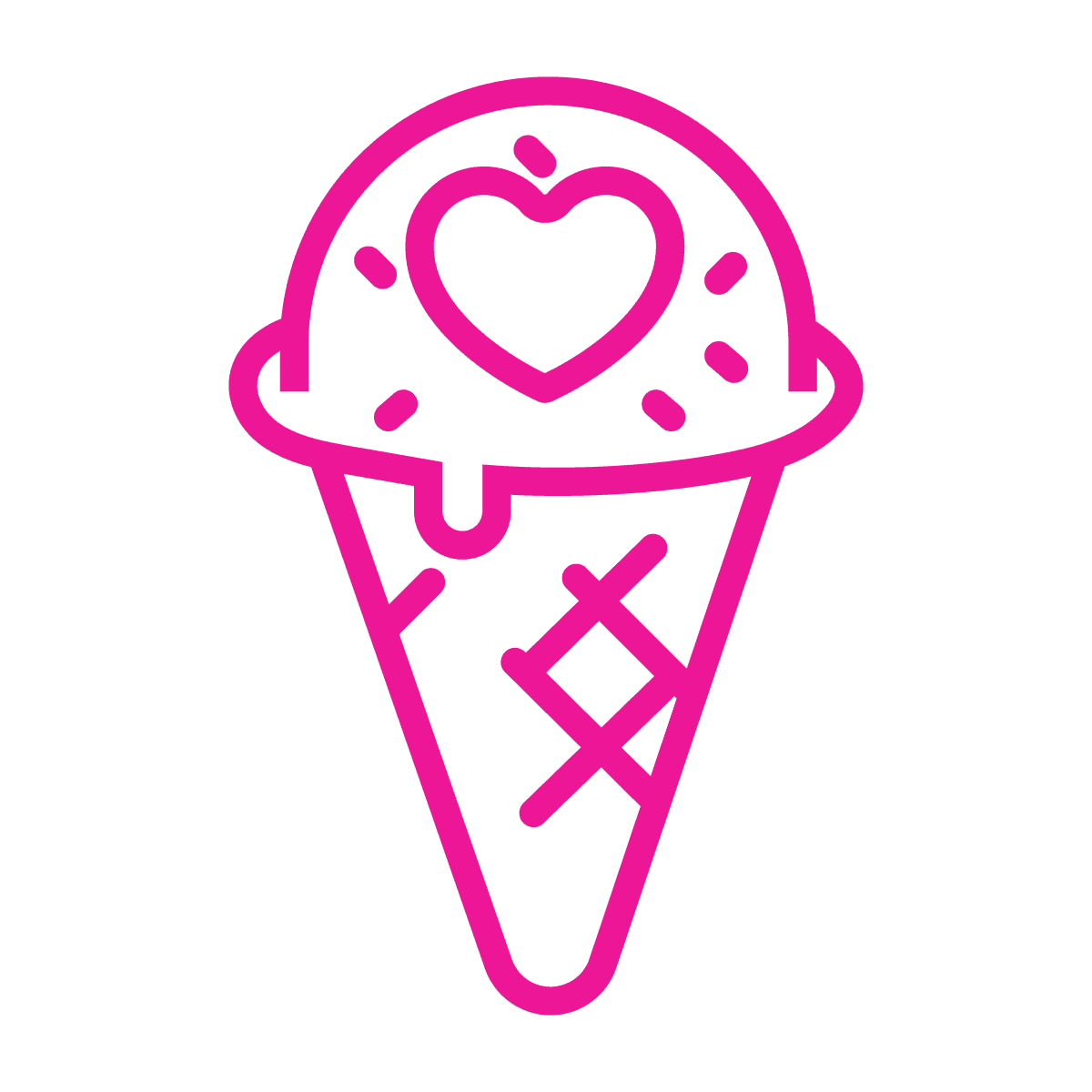 flat line icon of a pink ice cream cone with a heart and sprinkles for sweet treat apps