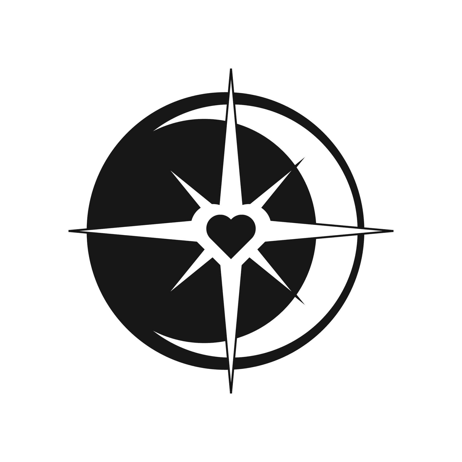 stark black and white compass star element with heart center and crescent moon backdrop for symbolic layouts
