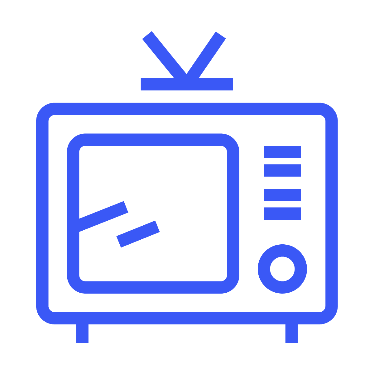 simple blue outline television icon with antenna on a gray background