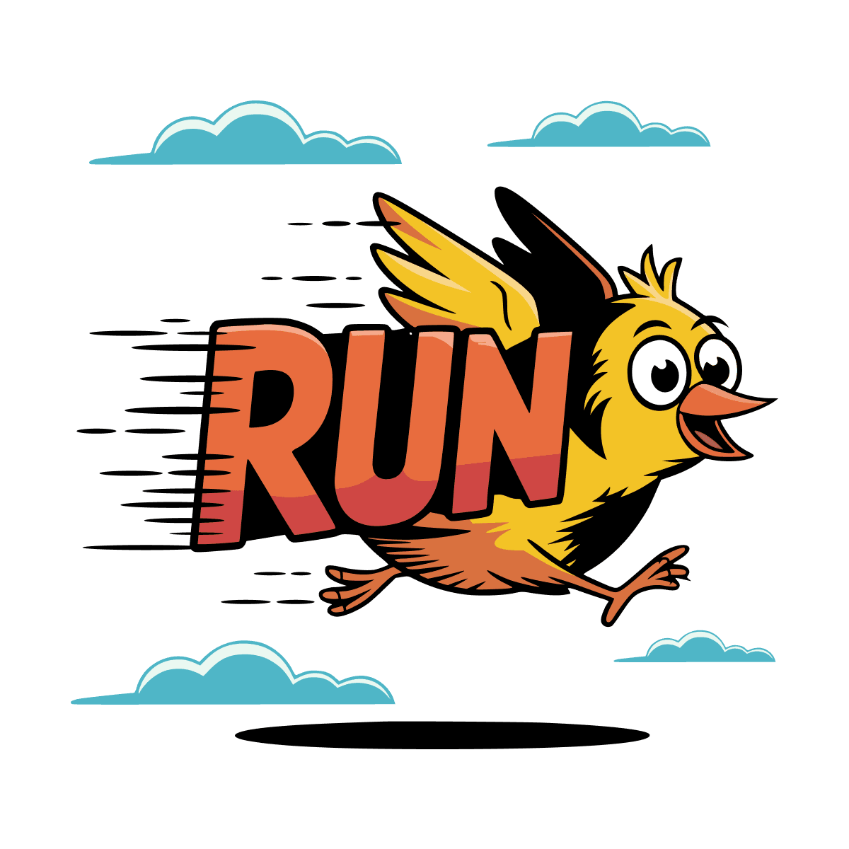 energetic running bird illustration with "run" typography for apparel