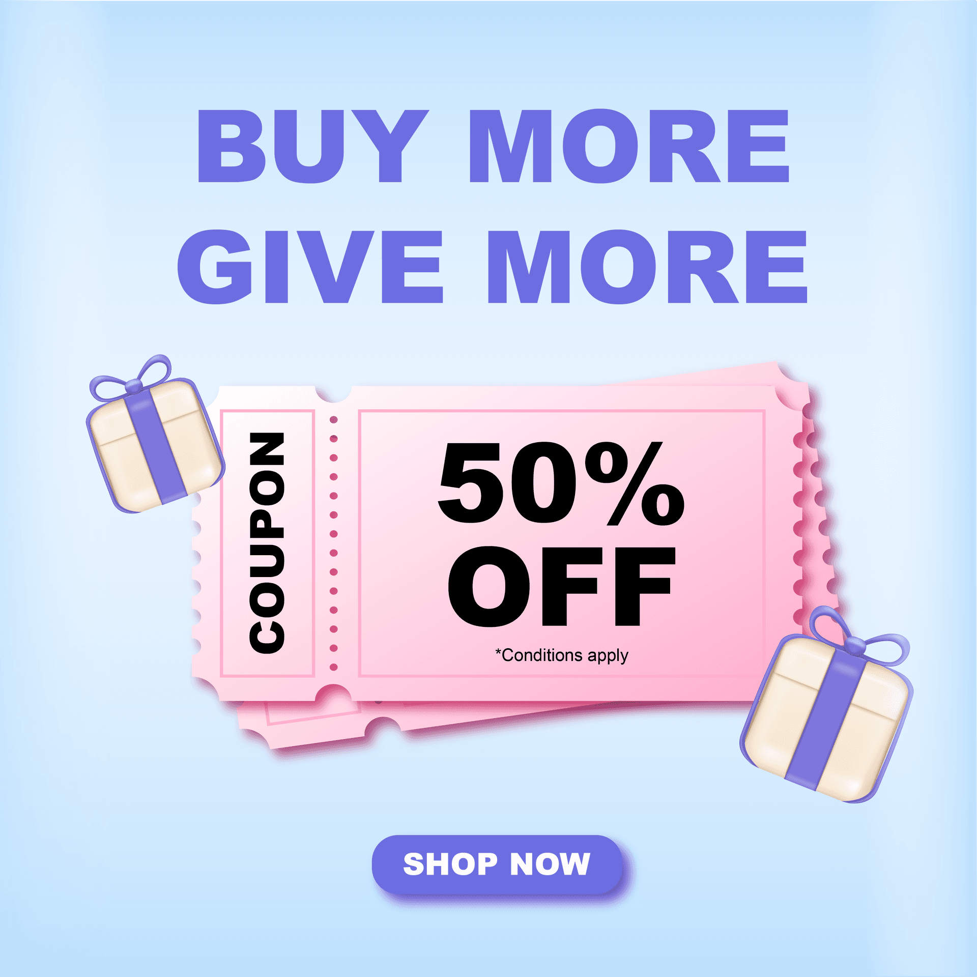 playful pastel 50% off discount coupon design with gift boxes