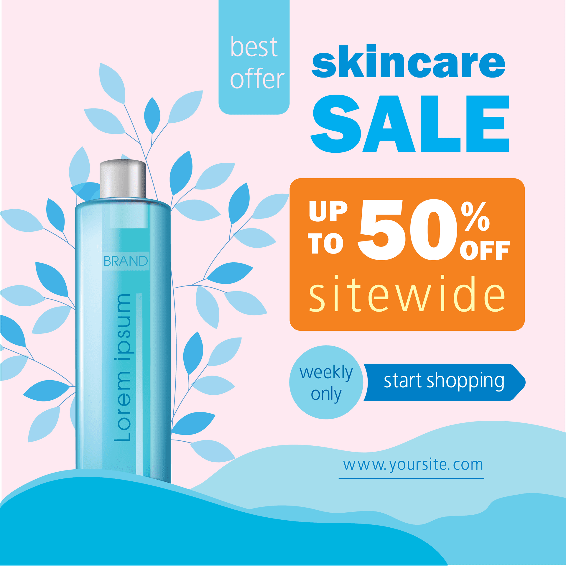 best offer skincare sale promotion up to 50% off sitewide editable template flat illustration beauty product bottle layout