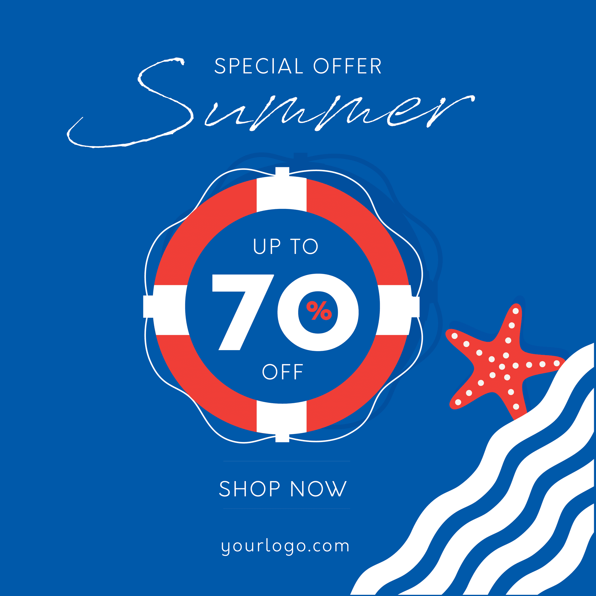 clean summer special offer template with lifebuoy and up to 70% off
