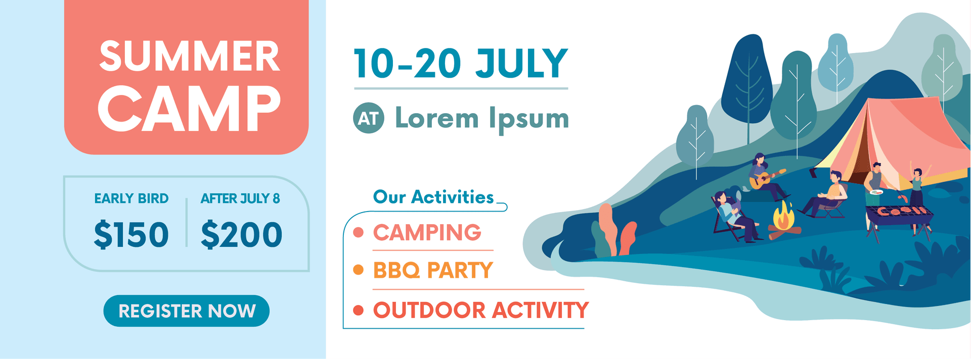 customizable flat template illustration for summer camp promotion banner