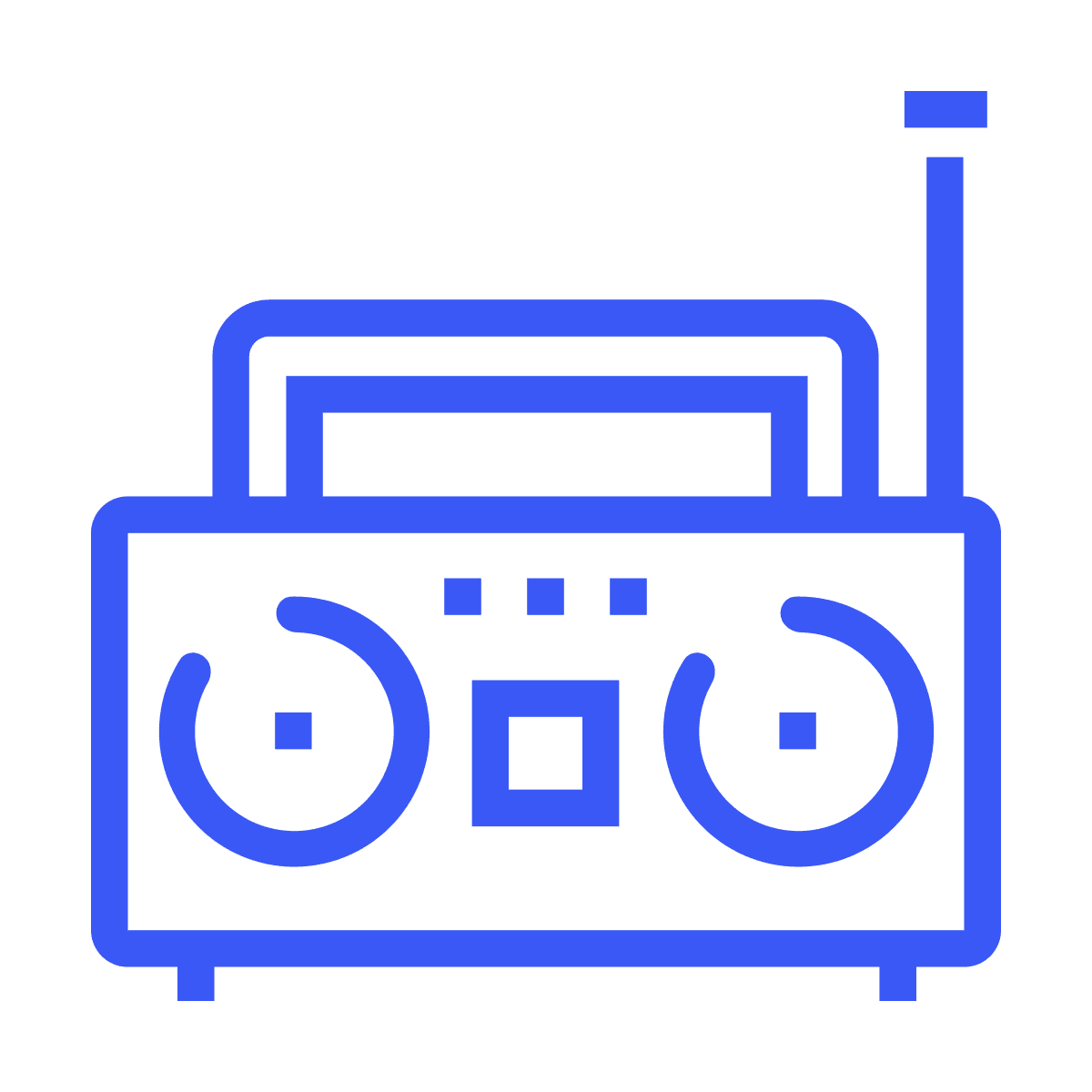 flat blue boombox icon with speakers, handle, and antenna