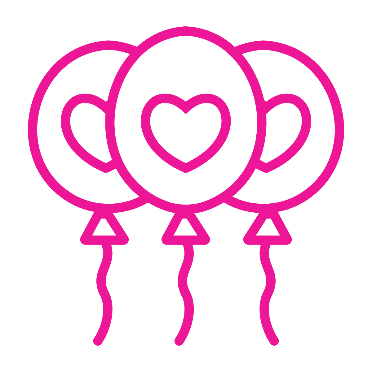 simple flat line icon of three pink balloons with heart shapes for party celebrations
