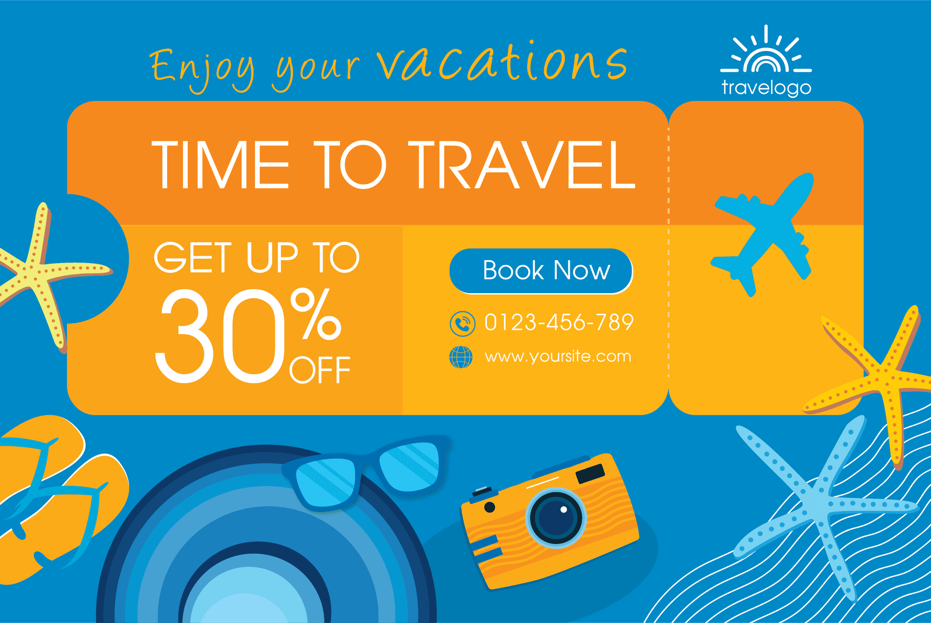 flat template for travel promotion with sunglasses, camera and starfish