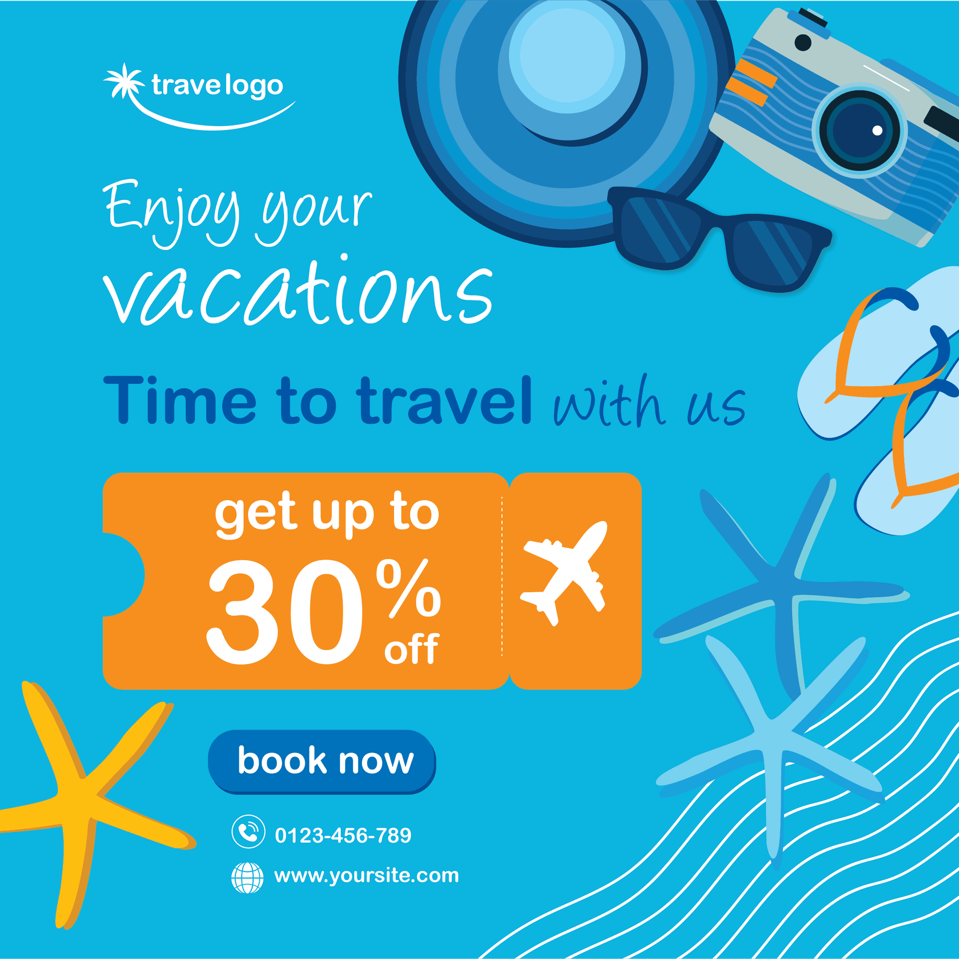 flat template for vacation travel deals with camera and beach items