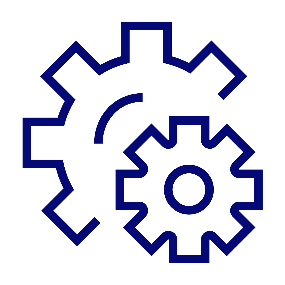 outline icon featuring a large and small interlocking mechanical gear for system and process settings