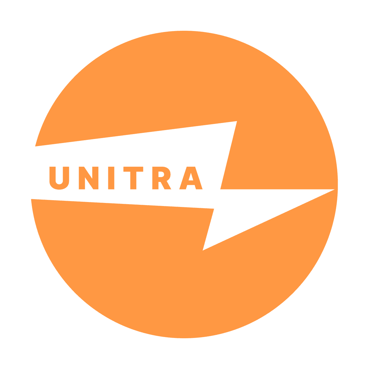 retro orange circle logo with abstract arrow and unitra text for technology brand