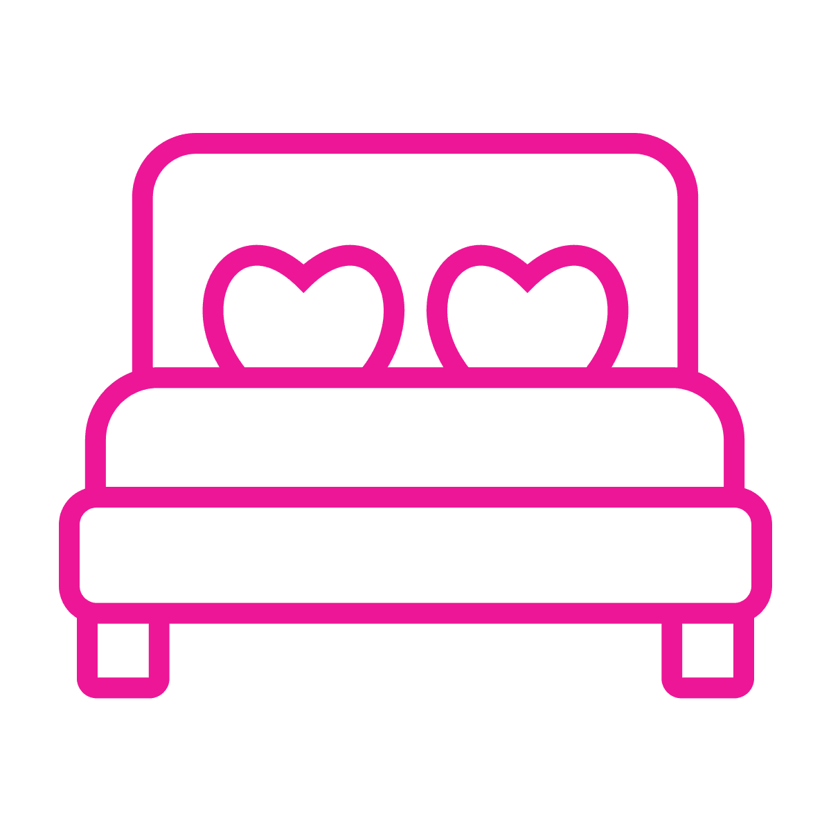 flat line art icon of a bed with heart-shaped pillows, symbolizing love