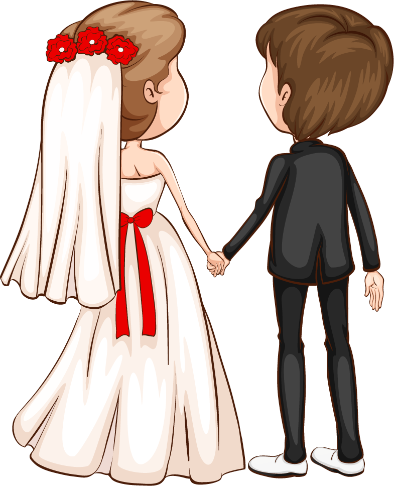 a front and back view of a married couple on a white background