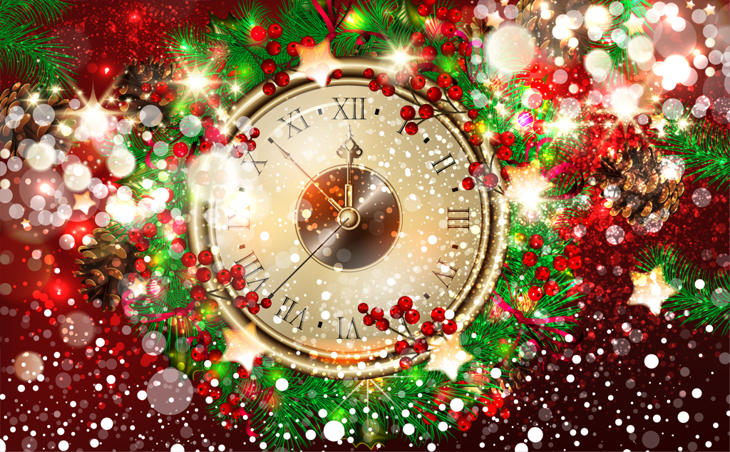 christmas template with clock and bokeh background