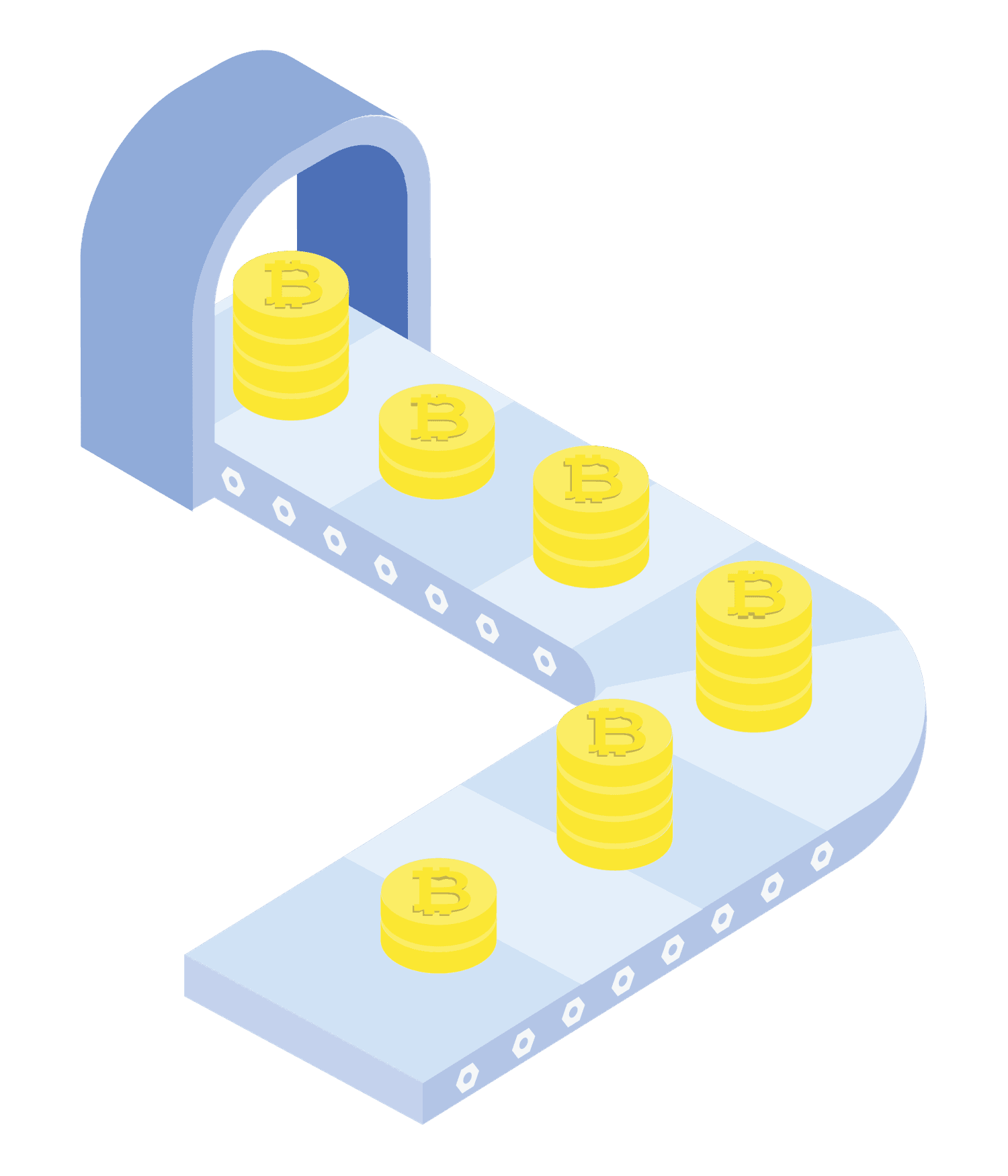 flat design illustration of stacked coins on a conveyor belt