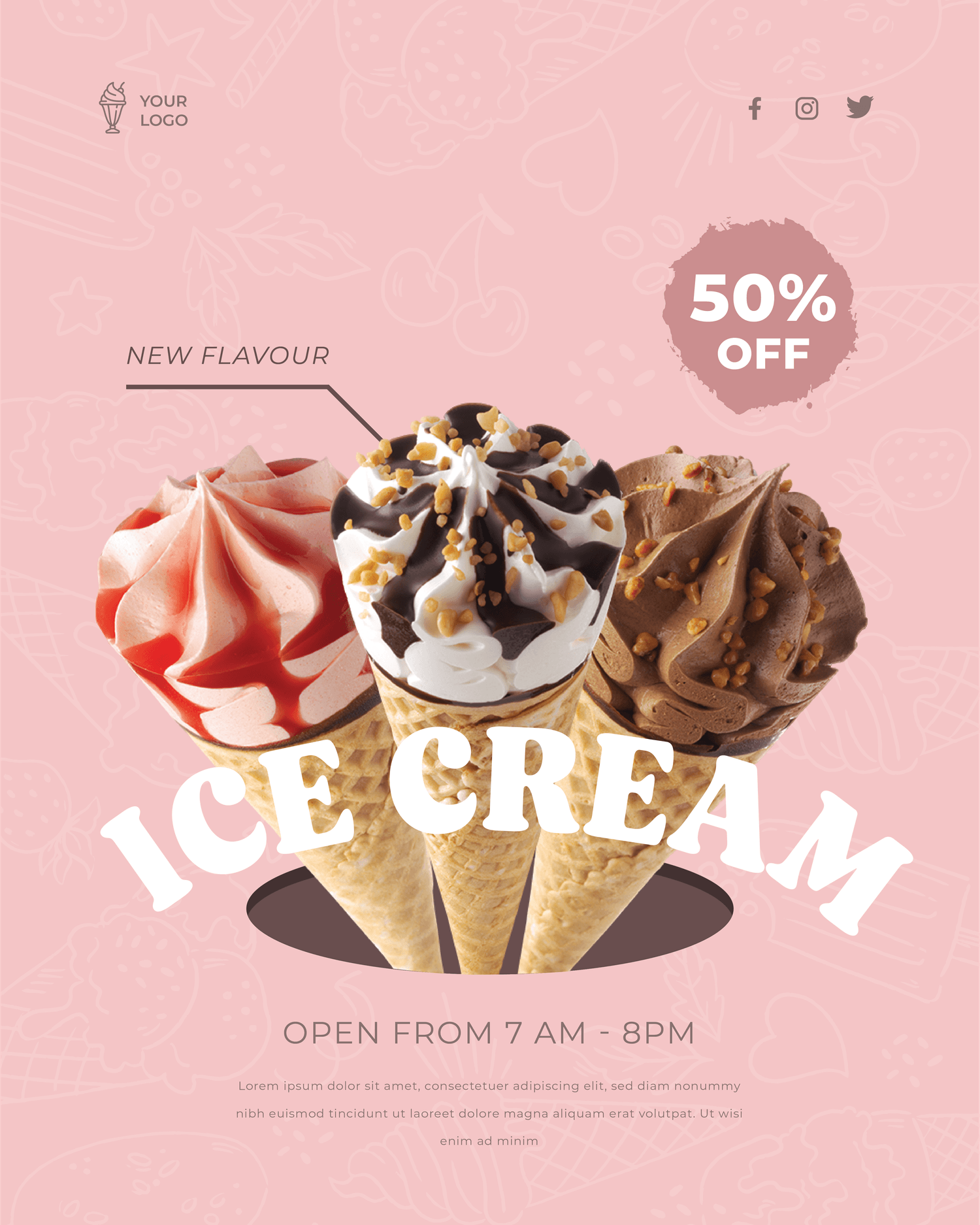 ice cream social media advertising template with bright colors