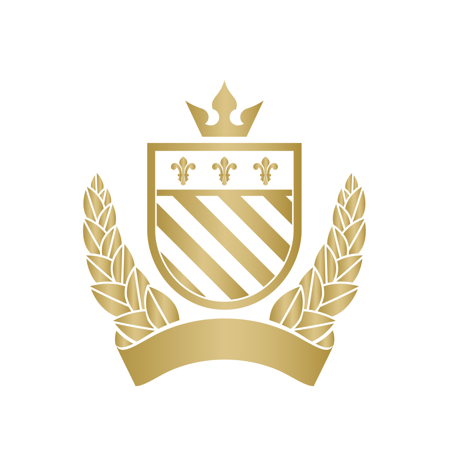 royal emblem with lion, laurel wreath, and ribbon
