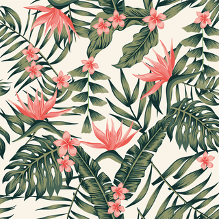 vectorbeach-cheerful-seamless-pattern-wallpaper-of-tropical-dark-green-leaves-of-palm-trees-and-flowers-422512